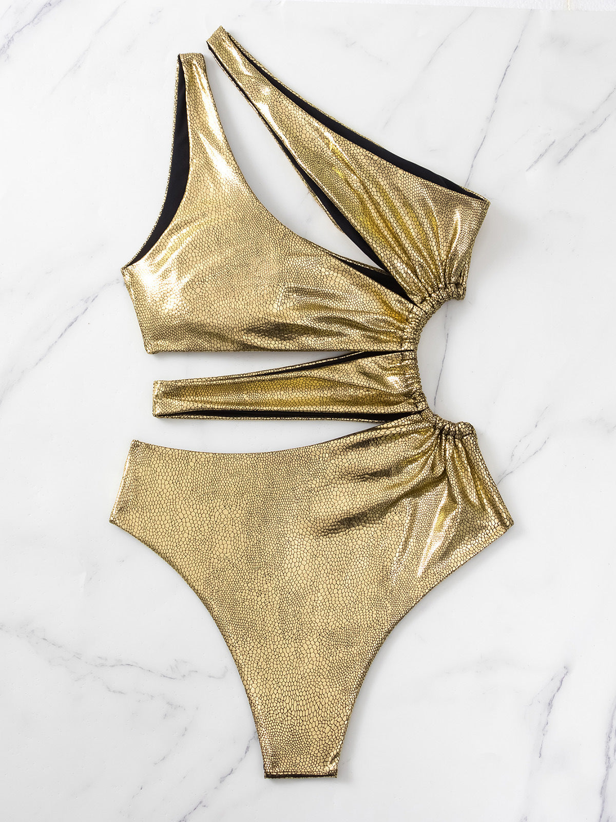 Metallic One-Shoulder Cut-Out Swimsuit